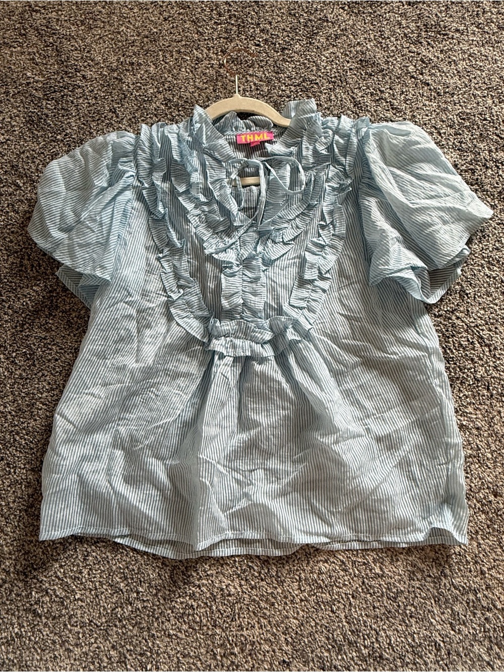 THML Blue and White Striped Ruffle Tie-Neck Blouse